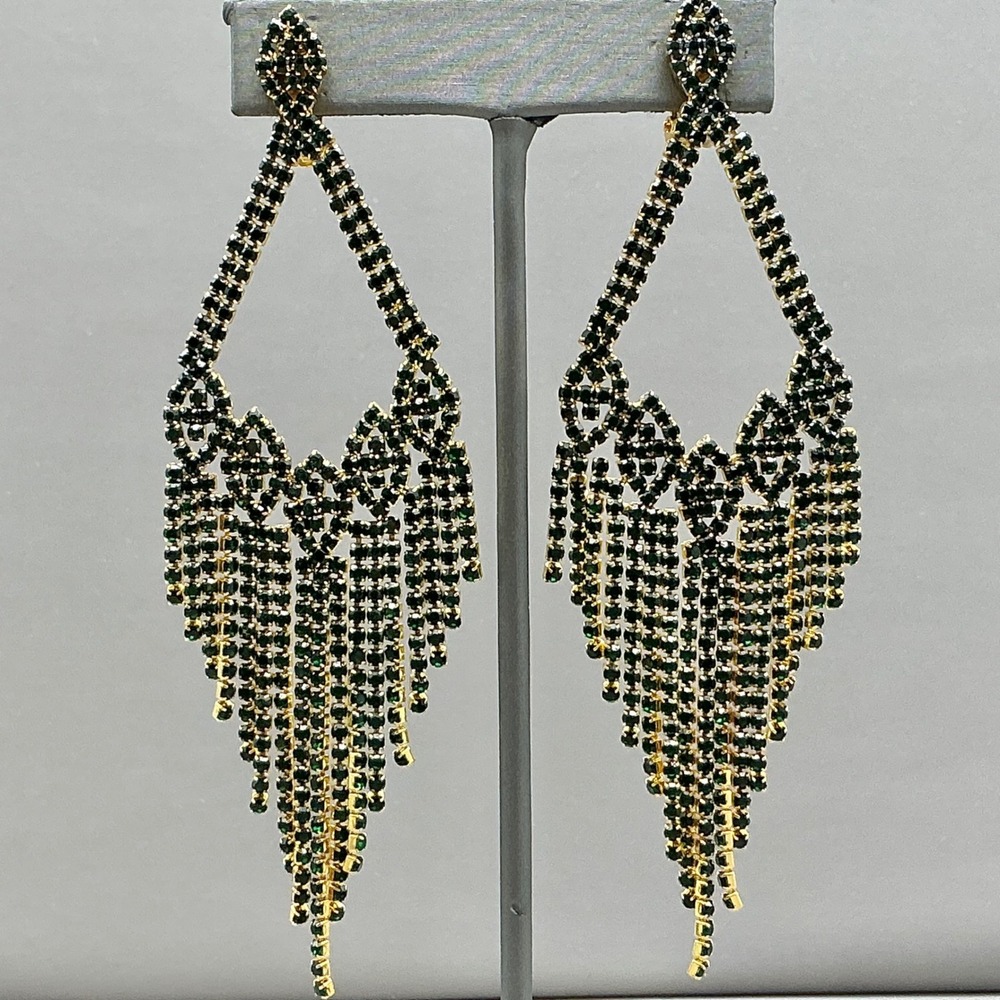 Rhinestone Chandelier Earrings Women Green Gold Tone Fringe Dangle Clip On